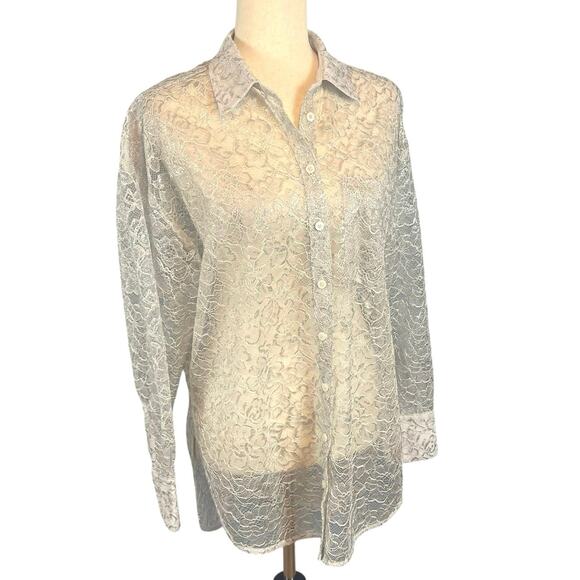 Anthropologie Metallic Lace Button Down Shirt Light Gray Silver X-Small - Picture 7 of 11